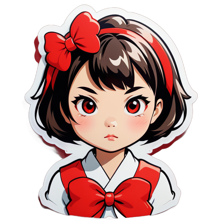 A cute, short-haired Japanese girl with a fierce expression and a red bow in her hair