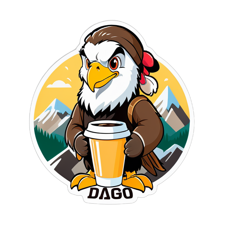 Весёлый мультяшный орёл в горах пьет кофе и говорит "Это Дагестан, детка!"