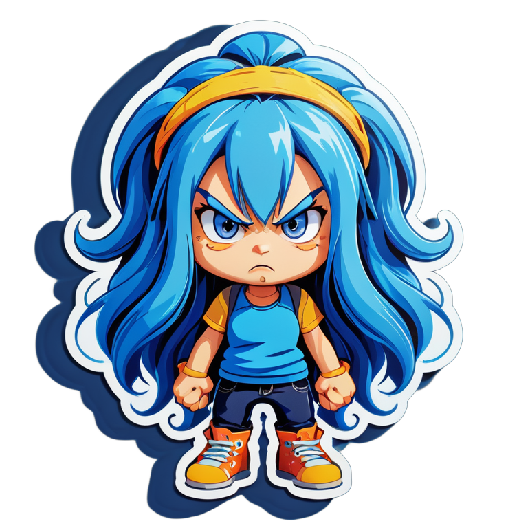 girl with long blue hair very very angry 