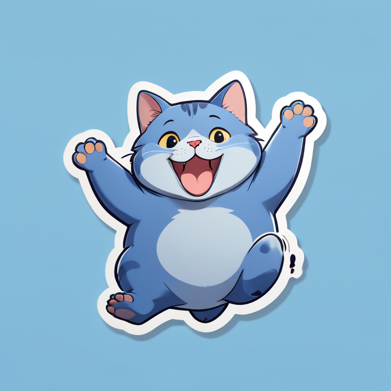 A chubby English short blue cat jumping in the air