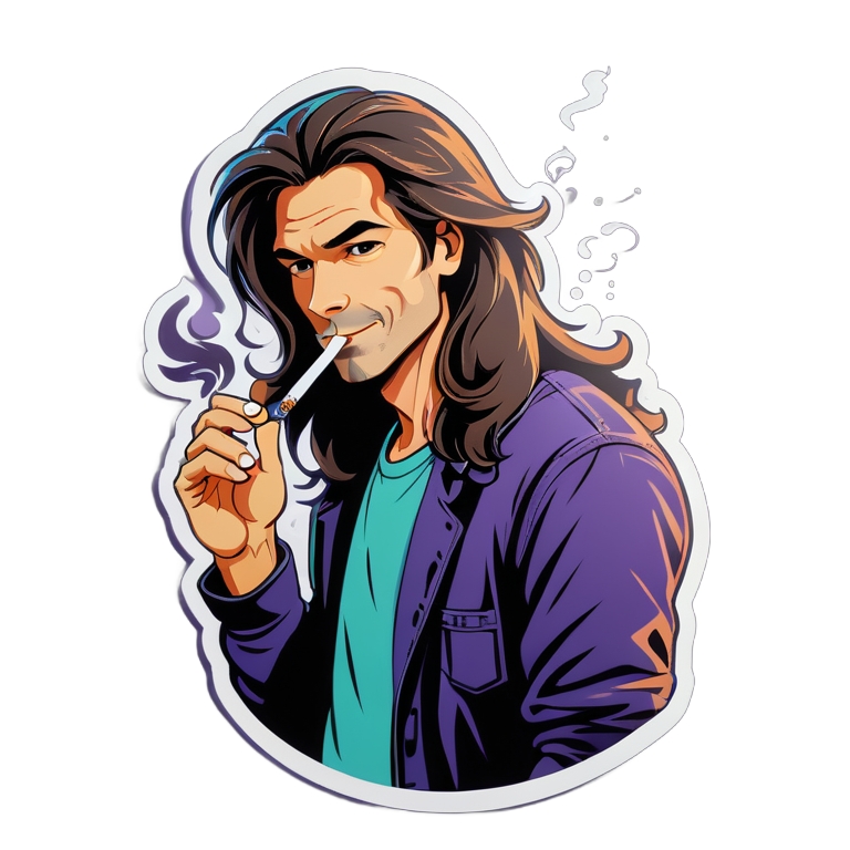 парень с длинными волосами собранными  курит сигарету 