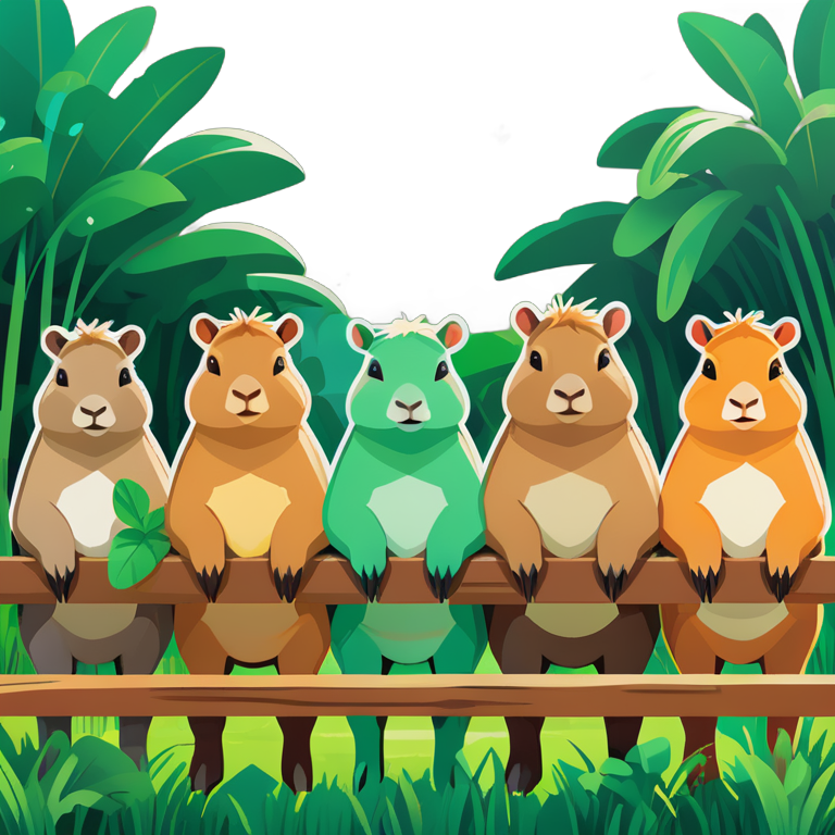 A group of capybaras in a lush, green outdoor setting with a wooden fence in the background.
