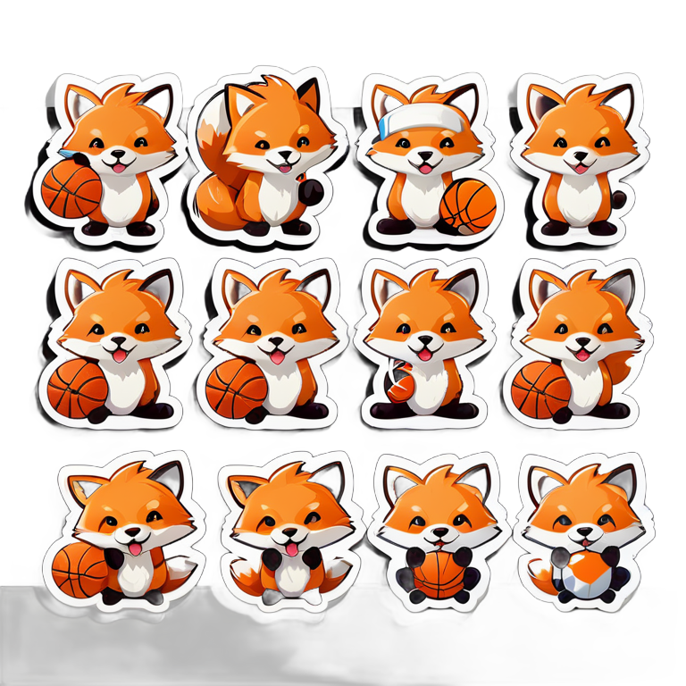 A set of fox emoticons, basketball ball with fox in various poses with cute expressions. Cute [стиль] style with a simple white background design. sticker set, sticker sheet template