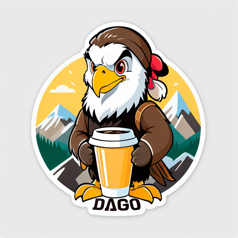 Весёлый мультяшный орёл в горах пьет кофе и говорит "Это Дагестан, детка!"