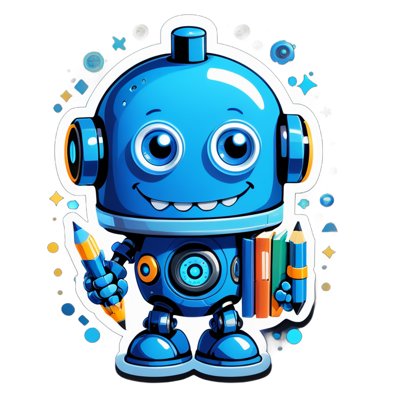 Study buddy is a friendly, cartoon-style robot with a round, glowing blue head and a body made up of various educational symbols such as books, pencils, and gears. It has large, expressive eyes and a smiling face.