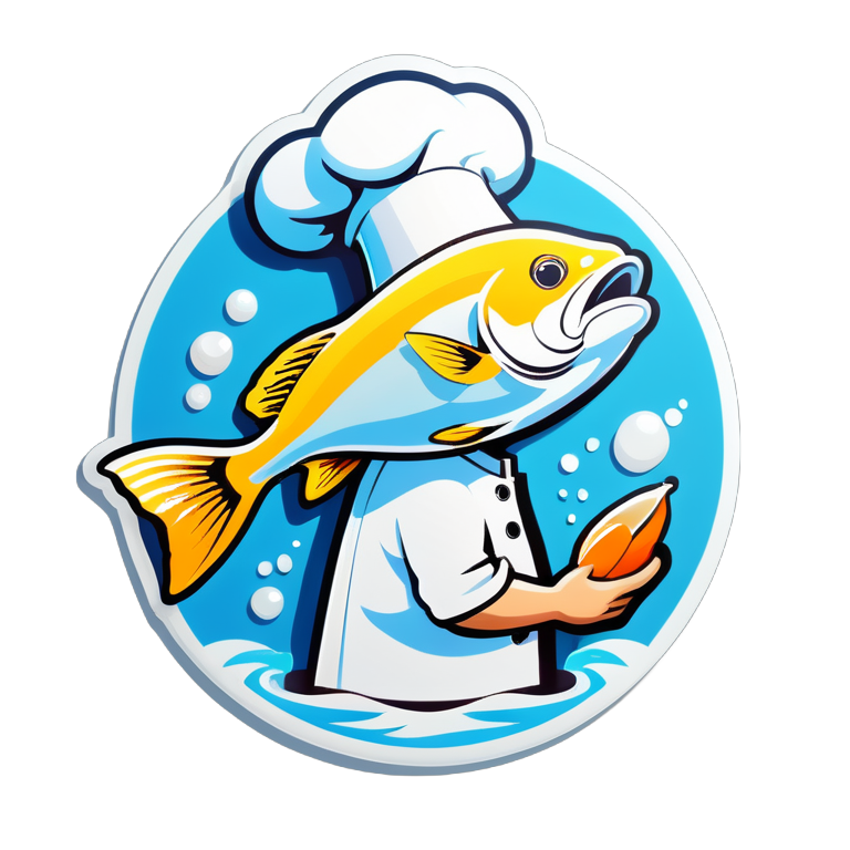 Рыба карась повар в белом колпаке на кухне