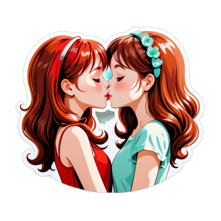 две красивые девушки с красными и коричневыми волосами целуются