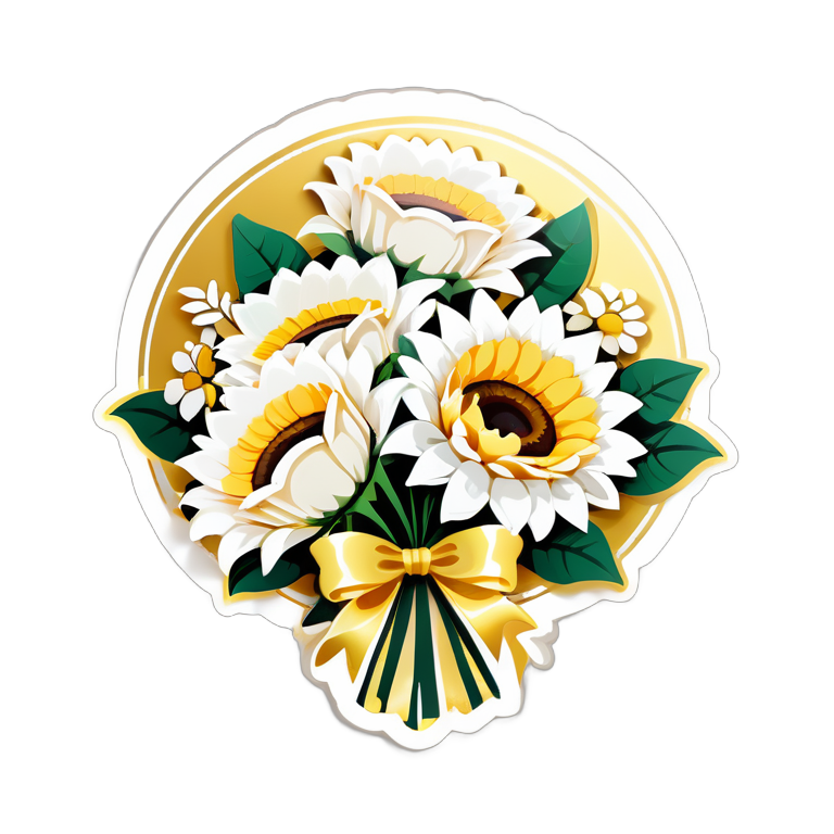 stiker de un ramo de rosas blancas con un girasol y listones dorados