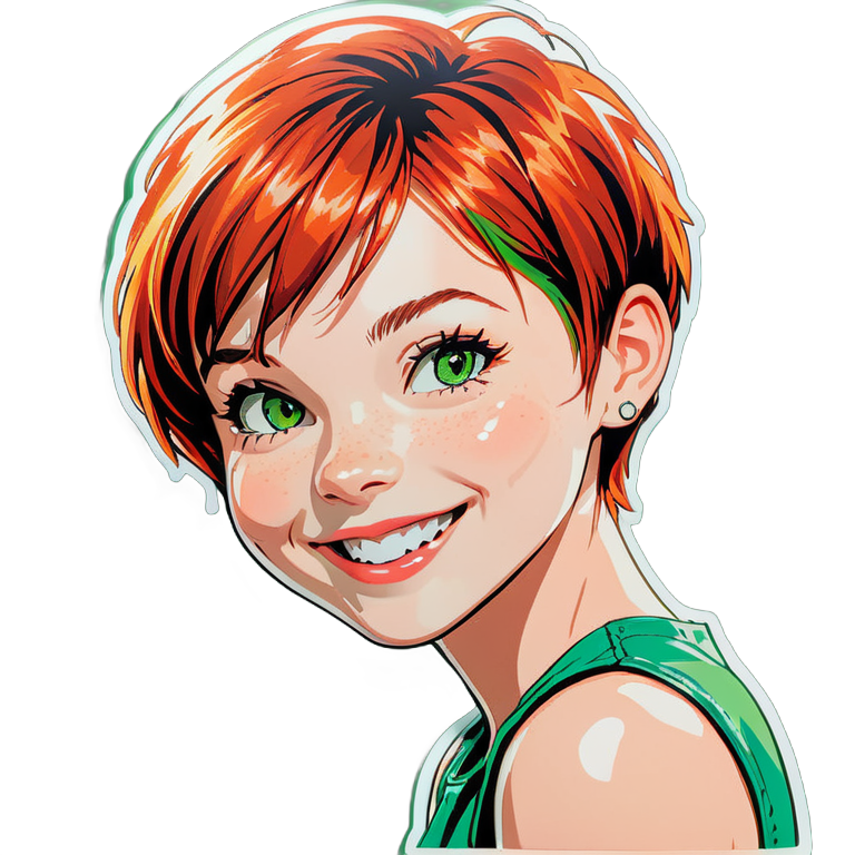redhead girl, short pixie hair, green eyes, beautiful smile