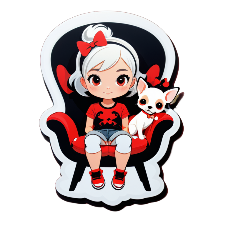 девушка с короткими белыми волосами сидит в кресле и держит в руках двух чихуа-хуа: рыжую и черную