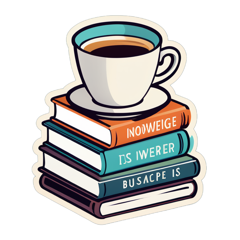  A stack of books with a cup of coffee with the text "Knowledge is Power"