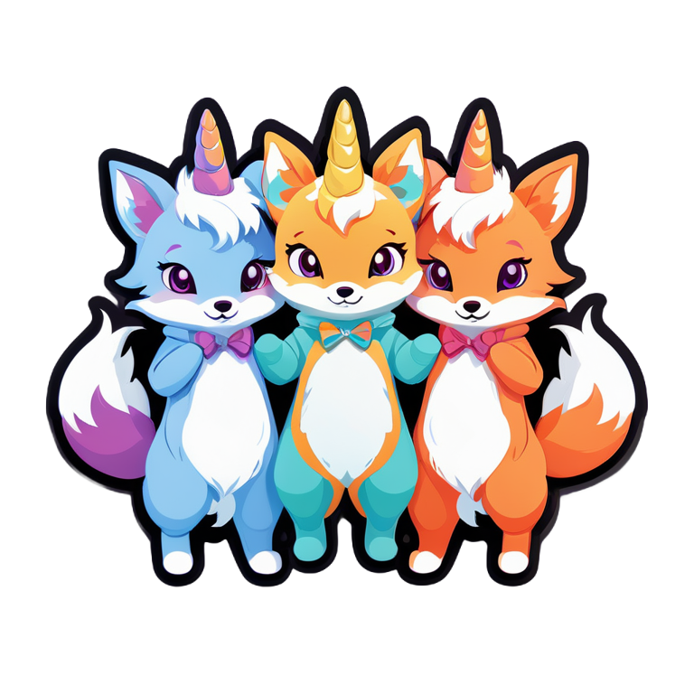 three foxes in unicorn kigurumi