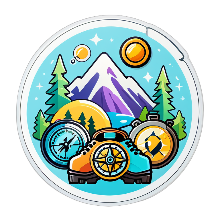 /imagine prompt:stickers with symbols of exploration and adventure, such as compasses, hiking boots, backpacks, or binoculars., Sticker, Lovely, Tertiary Color, light art style, Contour, Vector, White Background, Detailed