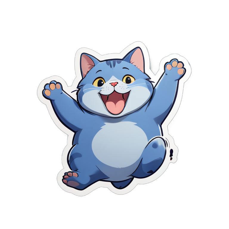 A chubby English short blue cat jumping in the air