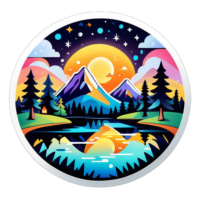 /imagine prompt:Create stickers featuring iconic outdoor landscapes like mountains, forests, lakes, or starry skies. You could add a tent or a campfire to enhance the , Sticker, Ecstatic, Tertiary Color, Naive Art Style, Contour, Vector, White Background, Detailed