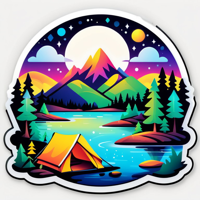 /imagine prompt:Create stickers featuring iconic outdoor landscapes like mountains, forests, lakes, or starry skies. You could add a tent or a campfire to enhance the , Sticker, Adorable, Neon, Pop Art, Contour, Vector, White Background, Detailed