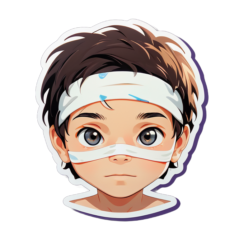 A boy with a bandaged eye.