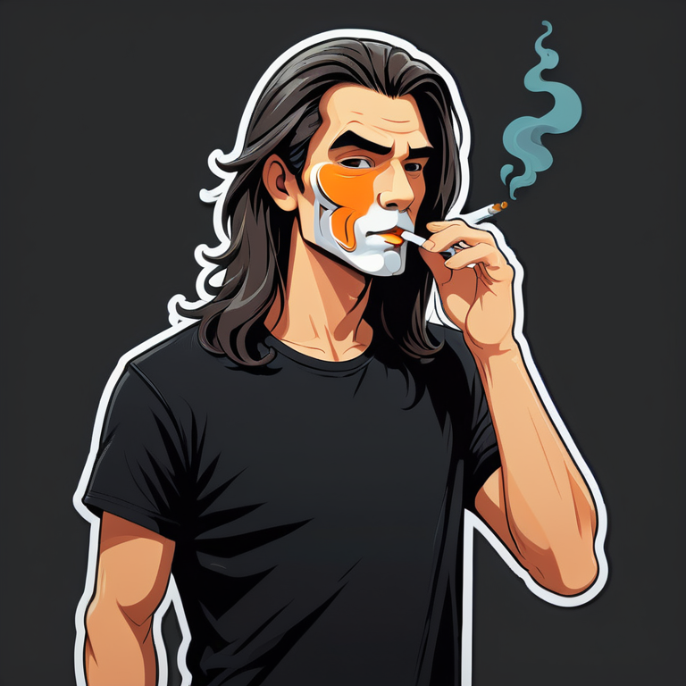 парень с длинными волосами и выбритыми висками в черной футболке курит сигарету