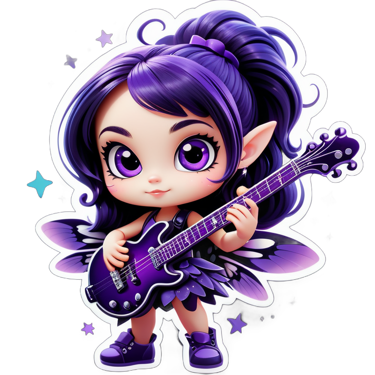 a cute round head big eyes fairy playing a cool looking electric guitar with 5 fingers on each hand of the fairy. use dark purple and black colors.