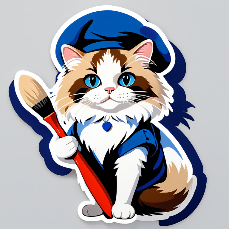 Painter Ragdoll Cat - 身穿法國藝術家服飾,戴著貝雷帽的布偶貓,手握畫筆,神情專注。