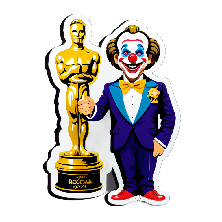 Леонардно Ди каприз на премии Оскар, в руке у него золотая статуэтка клоуна на её подставке написано "Рома 2024"