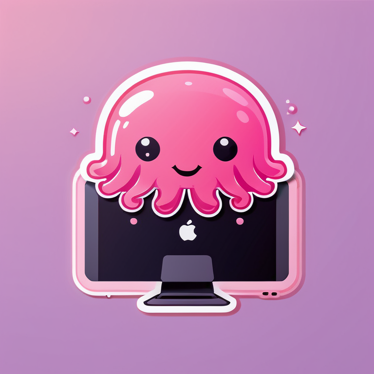 милая розовая медуза работает с компьютером