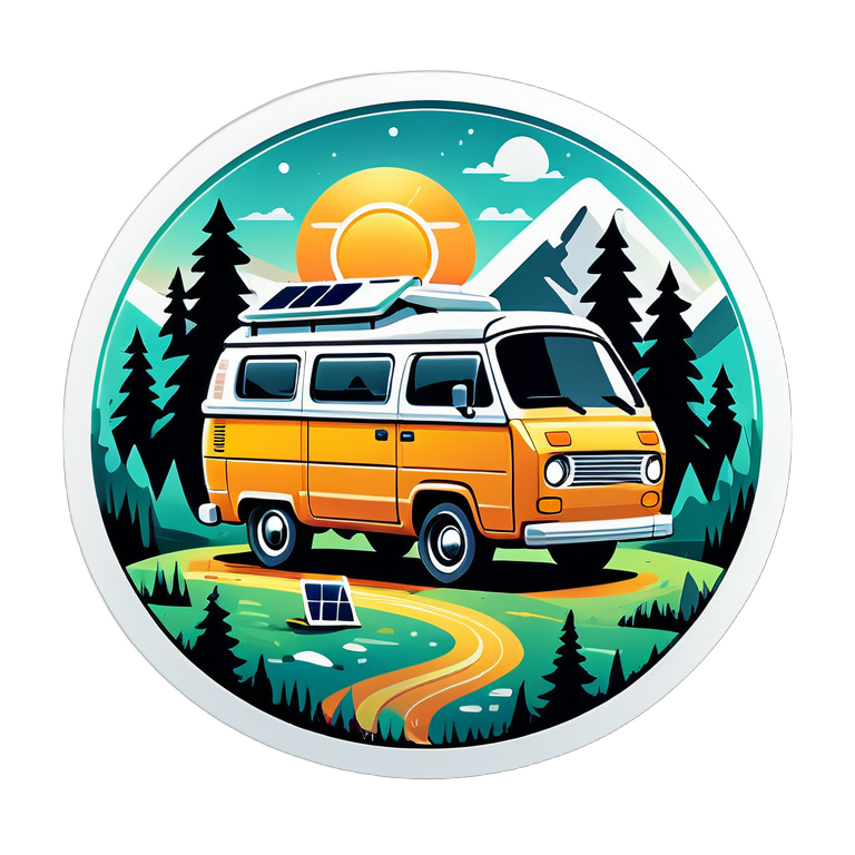/imagine prompt:Highlight the off-grid lifestyle with stickers featuring solar panels, RVs, camper vans, or tiny cabins nestled in the wilderness., Sticker, Content, Satin Colors, Geometric, Contour, Vector, White Background, Detailed