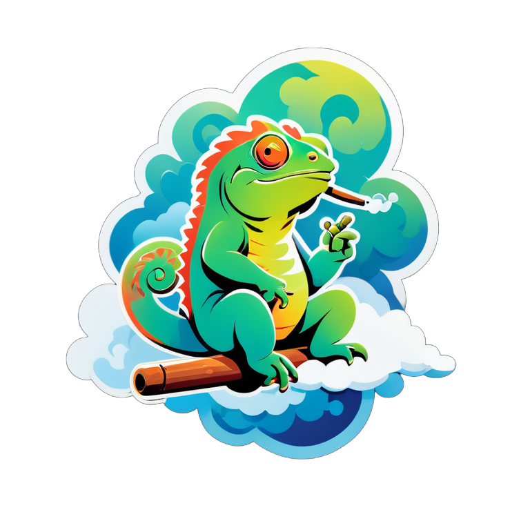 Chameleon sitting on clouds and smoking cigar 