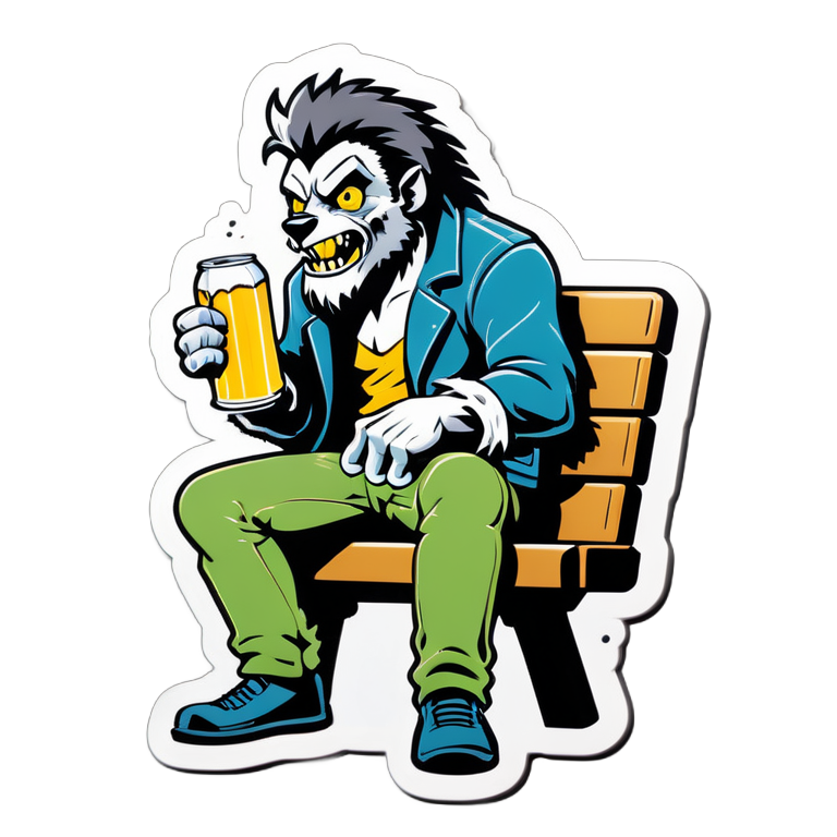 wolfman with the beer can on a bench