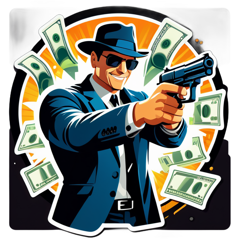Create a series of visually striking stickers for the project "CASHSHOT." Each sticker should feature the following elements:

A unique and interesting character who appears on every sticker. This character should have a bold, charismatic, and slightly mysterious look. They can be a cool, modern gangster or a high-stakes gambler with a sharp style.
Guns: Include various types of realistic and detailed firearms, such as pistols and revolvers, in dynamic poses or configurations.
Bullets: Show bullets in motion, being loaded, or scattered around, adding a sense of action and intensity.
Money: Incorporate stacks of US dollar bills, bundles of cash, or floating money, symbolizing wealth and high stakes.
Make sure each sticker is vibrant and eye-catching, with dramatic lighting and shadows to enhance the overall impact. The character should be central to each design, interacting with the other elements in creative and visually appealing ways. The style should be cohesive across all stickers, conveying a sense of excitement, danger, and intrigue.