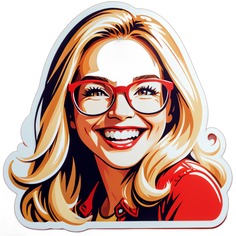 glückliche Frau mit blonden langen haaren und einer rechteckigen roten brille