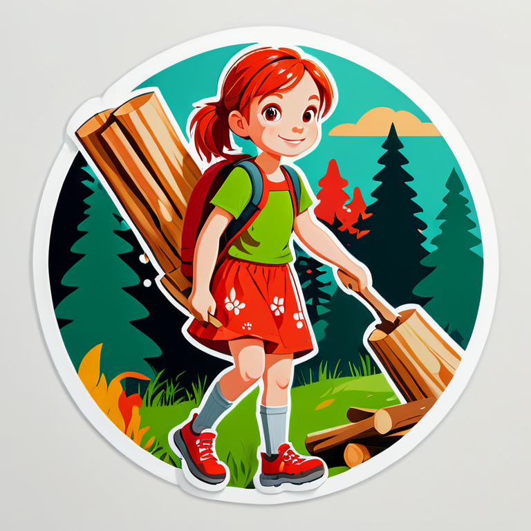 рыжая девочка идет за дровами