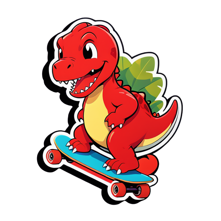 Добрый красный динозавр катается на скейтборде