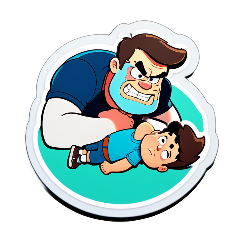 Muscular Stan Pines from Gravity Falls is lying on the floor with his grandson Dipper's head in his mouth