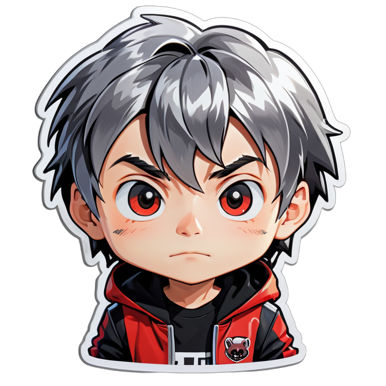 masterpiece, anime style, chibi, illustrated logo, medium short shot, twitch emote of a boy, grey hair, red jacket, black shirt, short hair before the eyebrows and a band-aid at the nose, black eyes