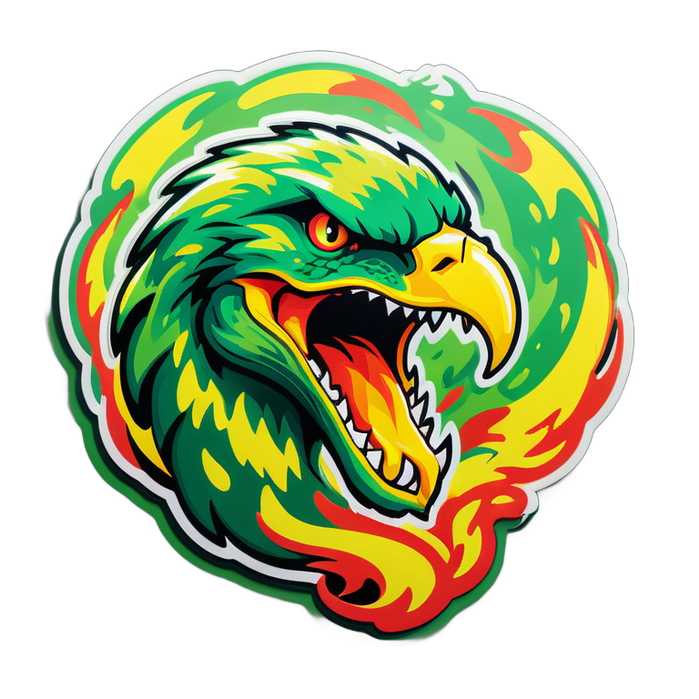 Python поедает орла, python зелёный переходящая зелёная чешуя переливается в желто красный цвет языки пламени охватили орла