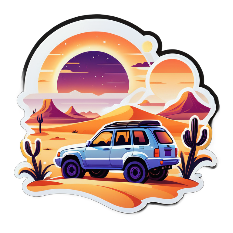 /imagine prompt:"/imagine promp:desert,sahara,sandune,capming,4x4 car,sunset,sticker", Sticker, Lovely, Vibrant Color, Gothic, Contour, Vector, White Background, Detailed
