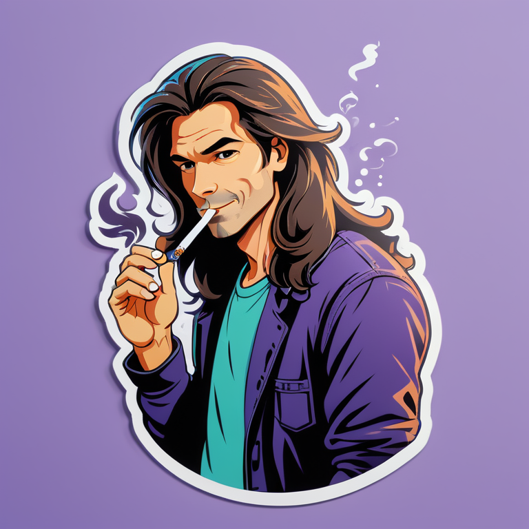 парень с длинными волосами собранными  курит сигарету 