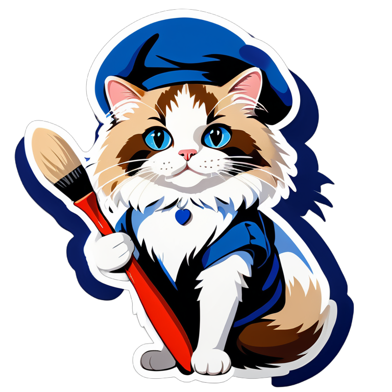 Painter Ragdoll Cat - 身穿法國藝術家服飾,戴著貝雷帽的布偶貓,手握畫筆,神情專注。