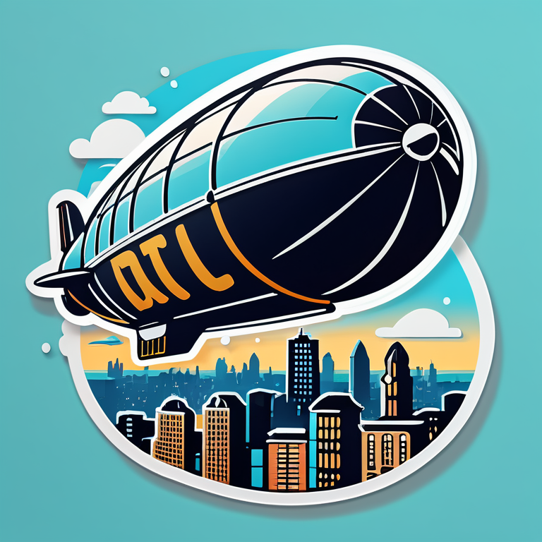 Airship flying over a city with the initials DB on the side of the airship