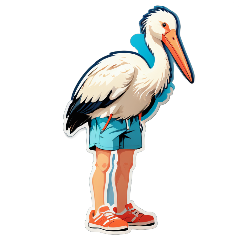 stork in a T-shirt and shorts