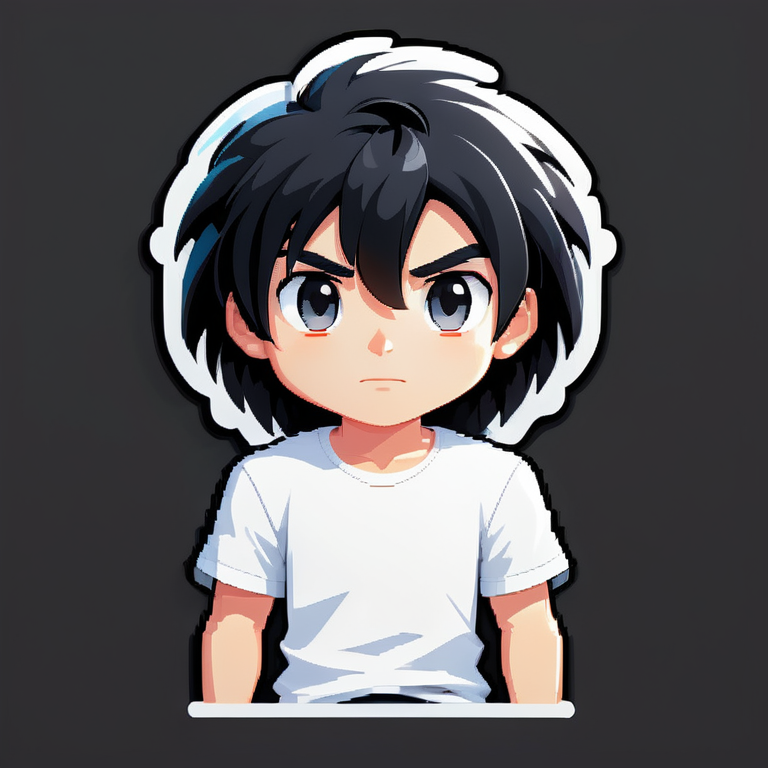a AVATAR of a boy with white shirt in black hair, pixel art, cool face and looks lonely