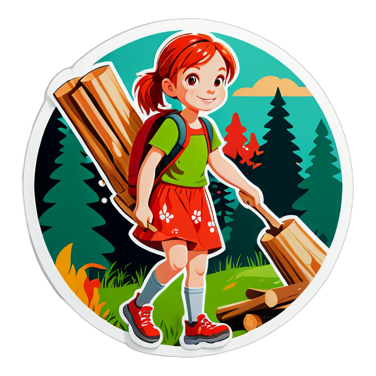 рыжая девочка идет за дровами