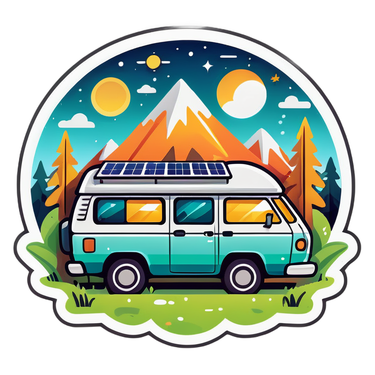 /imagine prompt:Highlight the off-grid lifestyle with stickers featuring solar panels, RVs, camper vans, or tiny cabins nestled in the wilderness., Sticker, Lovely, Cool Colors, Kawaii, Contour, Vector, White Background, Detailed