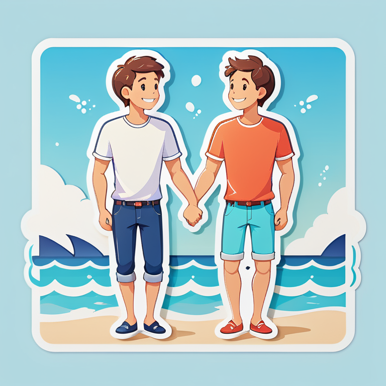 一对可爱的男性情侣，在海边手牵手