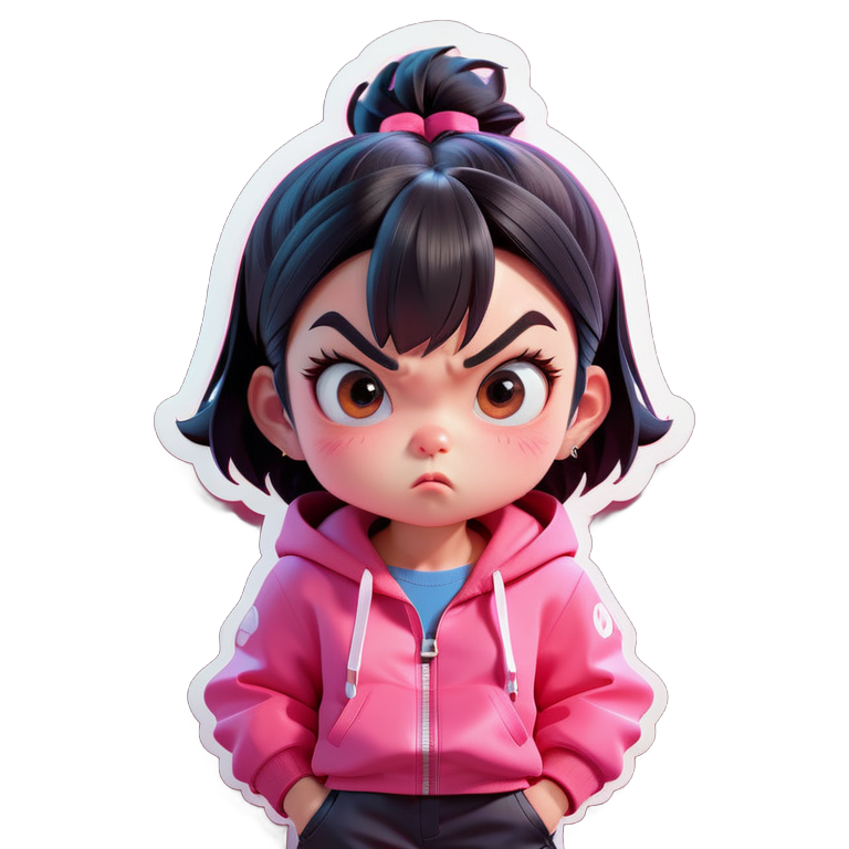 A girl, short black hair, pink clothes, angry expression, Korean style, 3D, C4d