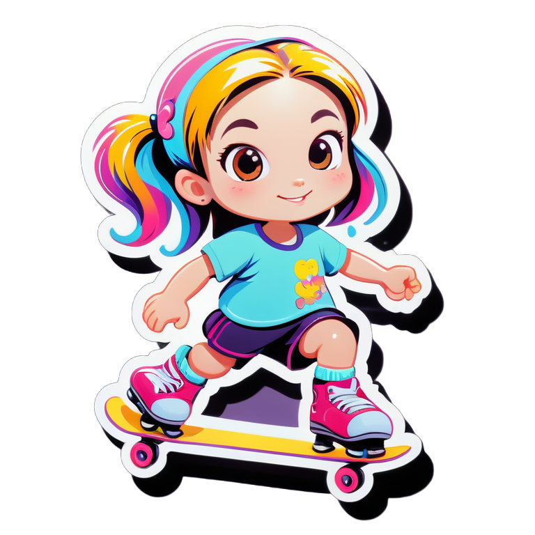 девочка с светлыми косичками катается на скейте