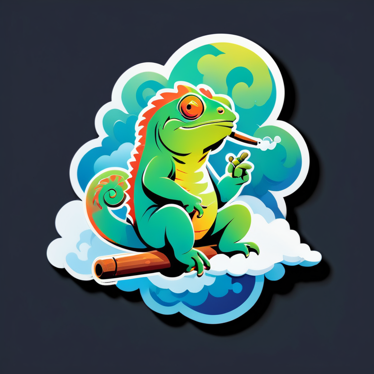 Chameleon sitting on clouds and smoking cigar 