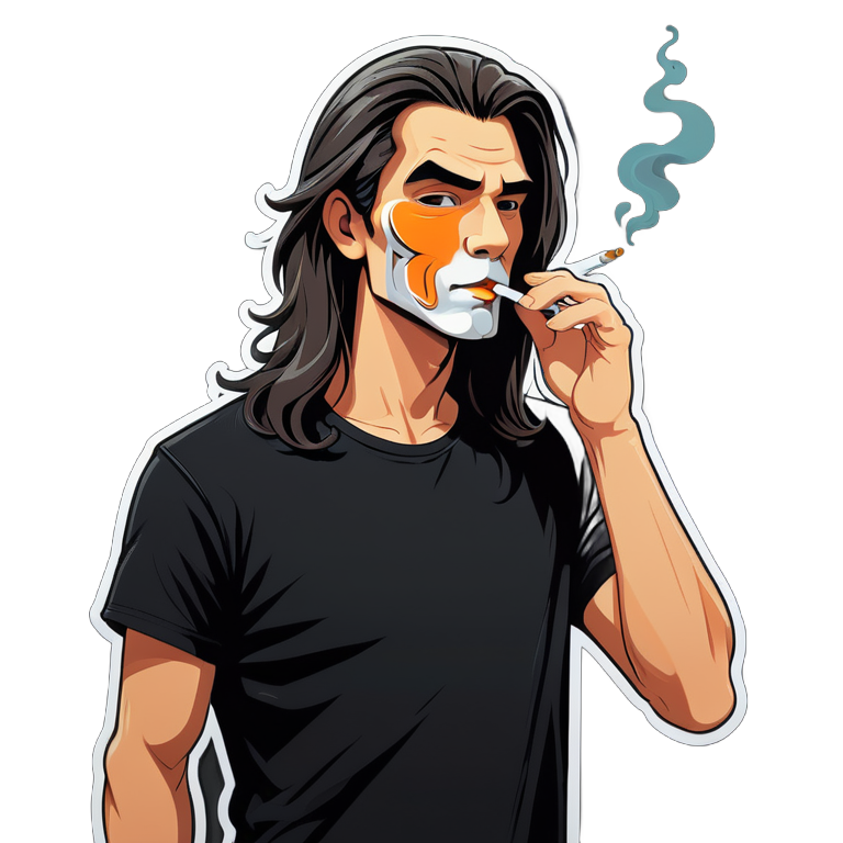 парень с длинными волосами и выбритыми висками в черной футболке курит сигарету