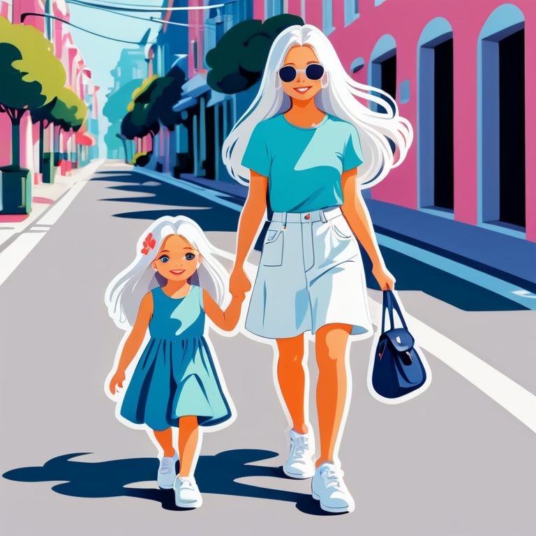 модная девушка с длинными белыми волосами идет по улице с маленькой дочкой за ручку